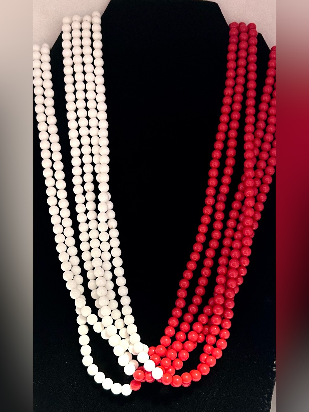 Vintage‎ Multi-Strand Red and White Beaded Necklace, Women's Jewelry, Vintage